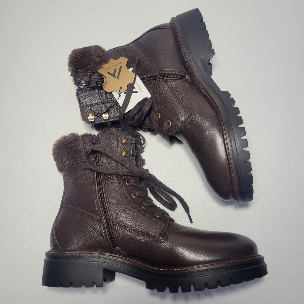 Alberto Torresi Brown Leather Combat Boots With Faux Fur Made In Italy Size 7.5